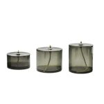 Set di tre candele di vetro con filamenti di carbonio, di diverse dimensioni, ideali come decorazioni scientifiche o oggetti da collezione.