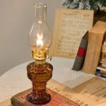 Lampada ad olio vintage con fiamma accesa, ideale come decorazione scientifica e oggetto da collezione per ambienti eleganti e ricercati.