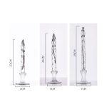 Set di tre penne di vetro decorativo con base in cristallo, altezza variabile tra 23 e 29 cm, perfette come oggetti di decorazione scientifica o da collezione.
