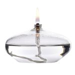 Lampada a olio decorativa in vetro trasparente con fiamma artificiale.
