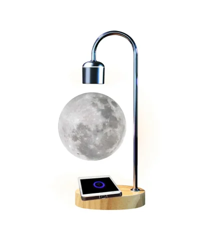 Lampada scientifica con luna, lampada da tavolo decorativa ispirata alla luna, perfetta per ambienti scientifici e decorativi, con base in legno e tecnologia LED.