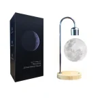 Luce notturna a forma di luna con base in legno e lampada a LED, perfetta come decorazione scientifica e oggetto di design per ambienti domestici o studi.
