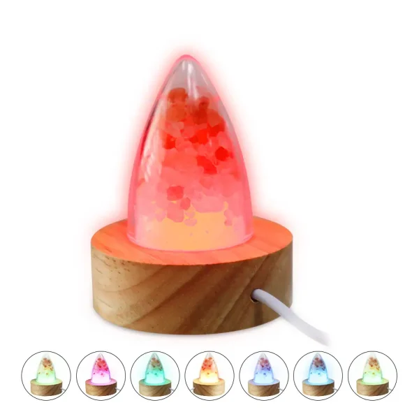 Lampada di lava con base in legno e liquido colorato in movimento.
