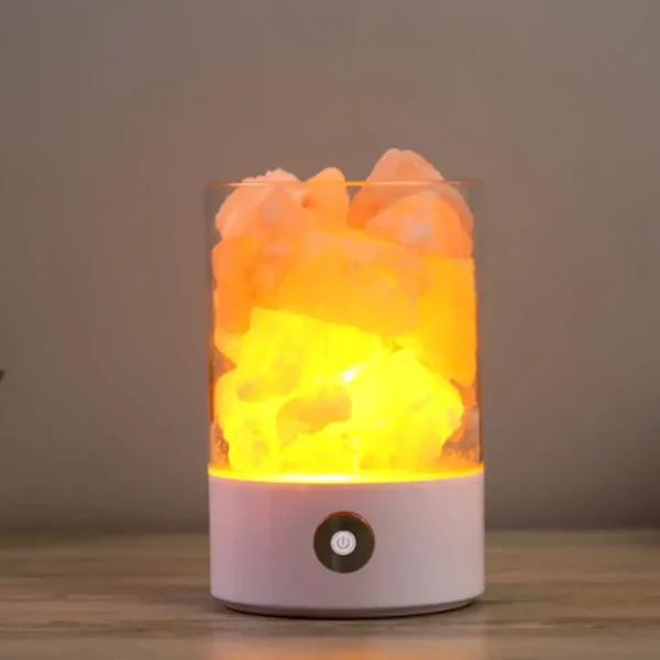 Vaso di sale Himalaya con illuminazione LED calda, ideale come decorazione scientifica e ambientazione rilassante. Perfetto per aggiungere un tocco naturale e scientifico alla tua casa o ufficio.