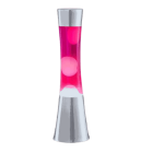 Vaso di lava luminoso rosa con base in metallo, perfetto come decorazione scientifica e oggetto da collezione. Ideale per appassionati di scienza e design innovativo.