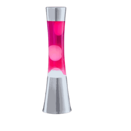 Vaso di lava luminoso rosa con base in metallo, perfetto come decorazione scientifica e oggetto da collezione. Ideale per appassionati di scienza e design innovativo.