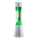 Vaso di lava decorativo con base in metallo e liquido verde, perfetto come oggetto decorativo scientifico per appassionati e ambienti educativi.
