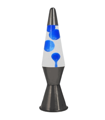 Lampada lava vulcano con base nera e liquido blu, decorazione scientifica originale e moderna.