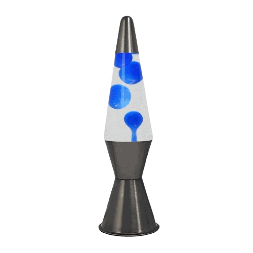 Lampada lava vulcano con base nera e liquido blu, decorazione scientifica originale e moderna.