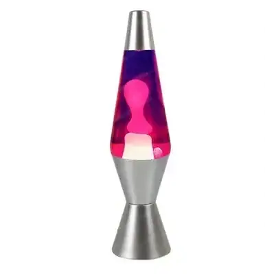 Lampada lava a forma di vulcano con liquido rosa e lava in movimento, perfetta come decorazione scientifica originale e colorata per ambienti moderni e studi.
