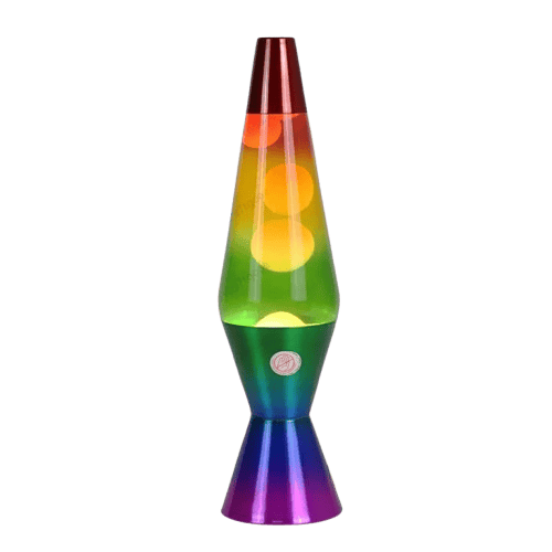 Lampada lava arcobaleno con colori vivaci e movimento fluido, perfetta come decorazione scientifica e oggetto di design originale.
