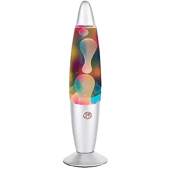 Lampada a lava con bolle colorate e luci LED, perfetta come decorazione scientifica e oggetto di design originale.