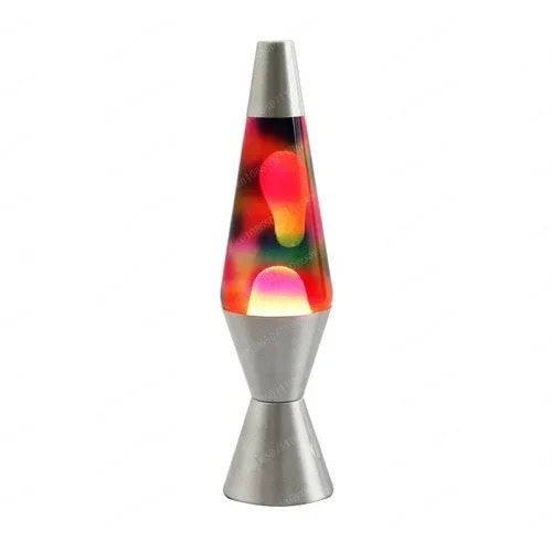 Lampada lava con base in metallo e vetro trasparente, illuminata con luci colorate che creano effetti visivi affascinanti e dinamici. Perfetta come decorazione scientifica e oggetto di design.