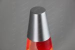 Pompa di lava in vetro con base rossa e cappuccio argento, perfetta come decorazione scientifica o oggetto da collezione.