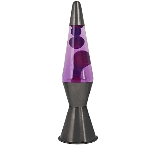 Lampada lava decorativa in stile vintage, con base nera e cilindro trasparente viola contenente lava colorata, perfetta come decorazione scientifica originale.