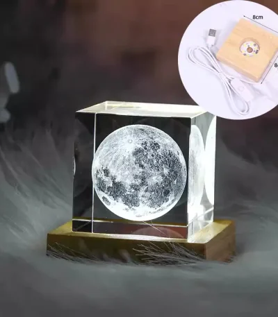 Palla lunare 3D in acrilico con base illuminata, decorazione scientifica per ambienti educativi e moderni, con luce LED integrata.