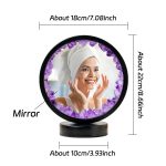 Specchio decorativo con cristalli viola, diametro circa 18 cm, altezza 22 cm, base 10 cm, perfetto come decorazione scientifica o da tavolo.