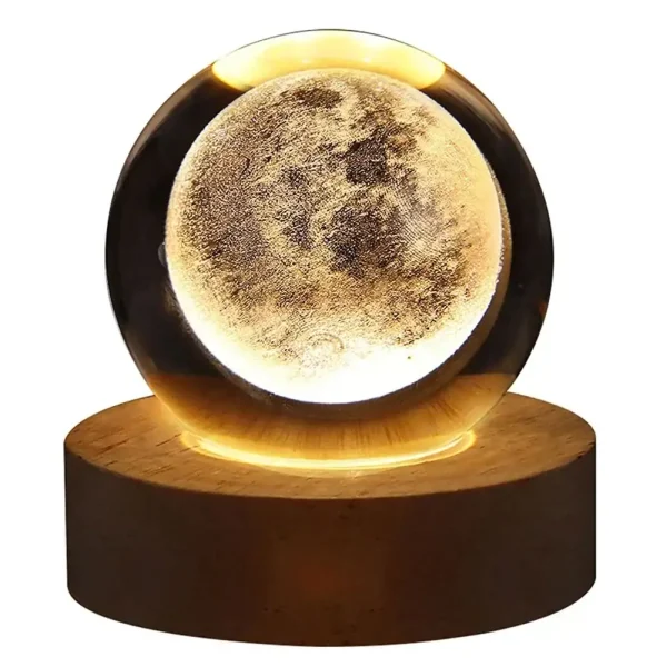 Palla luminosa decorativa con immagine dettagliata della Luna, ideale come oggetto scientifico e decorativo per ambienti educativi e moderni.