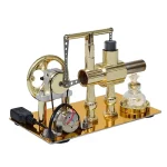Motore a vapore in miniatura con componenti in ottone e acciaio, perfetto come oggetto decorativo e scientifico.