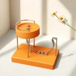 Modello scientifico in metallo e plastica arancione, decorazione da scrivania o studio, ispirato a strumenti di laboratorio, con sfondo minimalista e fiori bianchi.