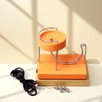 Pallina di Newton con base in legno e motore elettrico, oggetto scientifico decorativo per appassionati di fisica e scienza, perfetto come decorazione da scrivania o da parete.