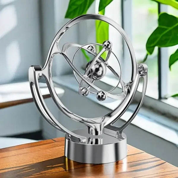 Modello scientifico in metallo con sfera orbitale, decorazione da scrivania o studio, simbolo di scienza e innovazione, perfetto come oggetto decorativo o regalo.