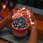Oggetto decorativo con luci LED a forma di pianeta con stelle, ideale per decorazioni scientifiche e ambienti creativi.