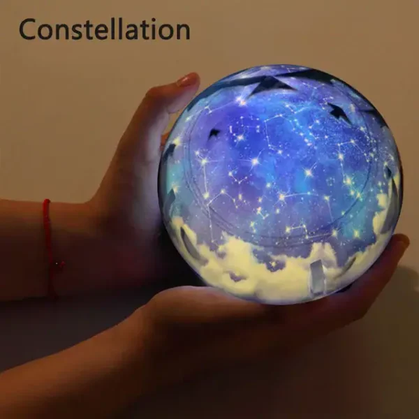 Sfera luminosa con mappa stellare e costellazioni, perfetta come decorazione scientifica o oggetto di studio astronomico.