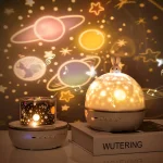 Lampada proiettore con tema spaziale, che crea atmosfere stellate e planetarie, ideale per decorazioni e ambienti educativi.