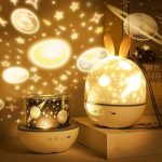 Lampada decorativa a forma di coniglio con proiezione di stelle e pianeti, ideale per ambienti scientifici e decorativi.