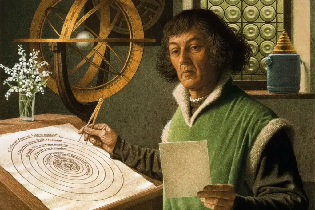 Una donna in abiti vintage studia un modello di sistema solare su una tavola con orbite concentriche, circondata da strumenti scientifici e decorazioni d'epoca.