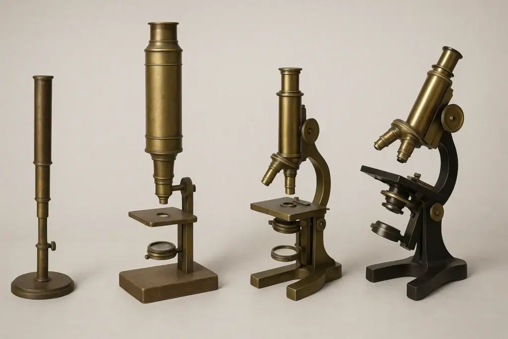 Microscopi vintage in ottone, perfetti come oggetti decorativi o da collezione, ispirati a strumenti scientifici storici.