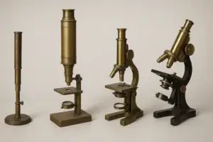 Microscopi vintage in ottone, perfetti come oggetti decorativi o da collezione, ispirati a strumenti scientifici storici.