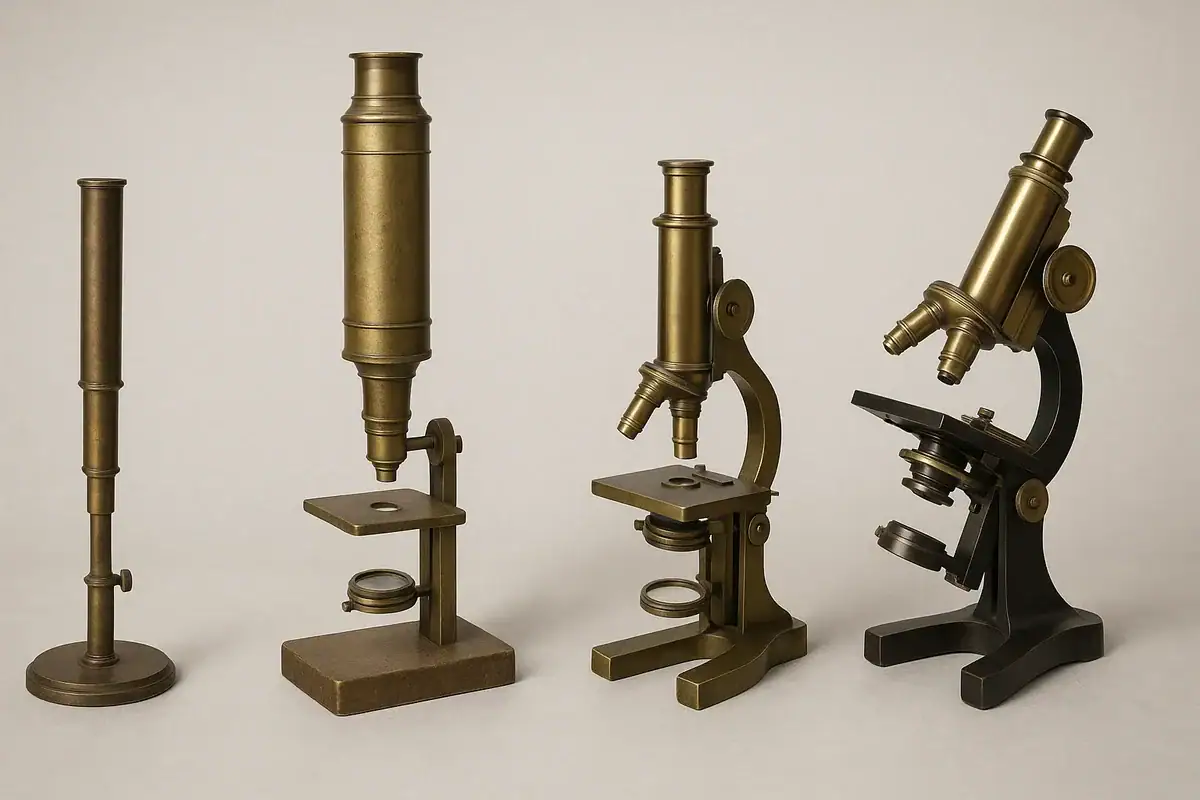 Microscopi vintage in ottone, perfetti come oggetti decorativi o da collezione, ispirati a strumenti scientifici storici.