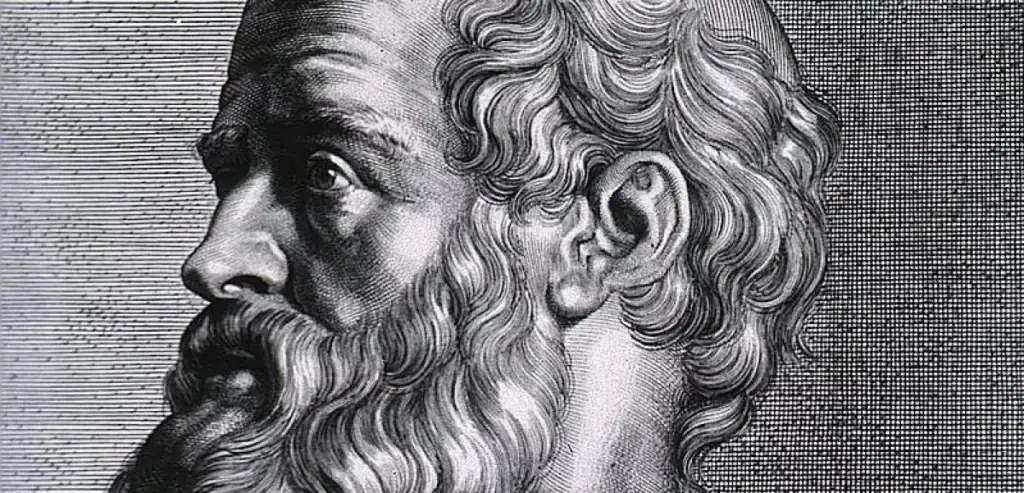 L'immagine mostra un ritratto dettagliato di un antico busto di un filosofo o scienziato con barba e capelli ricci, in stile incisione.