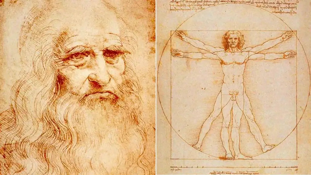 Immagine di Leonardo da Vinci con uno studio del volto e un disegno dell'Uomo Vitruviano, simboli di arte e scienza rinascimentale.