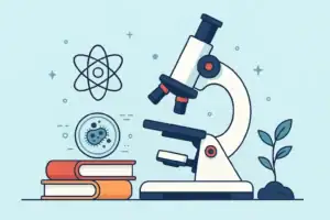 Il microscopio scientifico con libri e simboli atomici, ideale come decorazione per appassionati di scienza e biologia. Perfetto per ambienti educativi o studi scientifici.