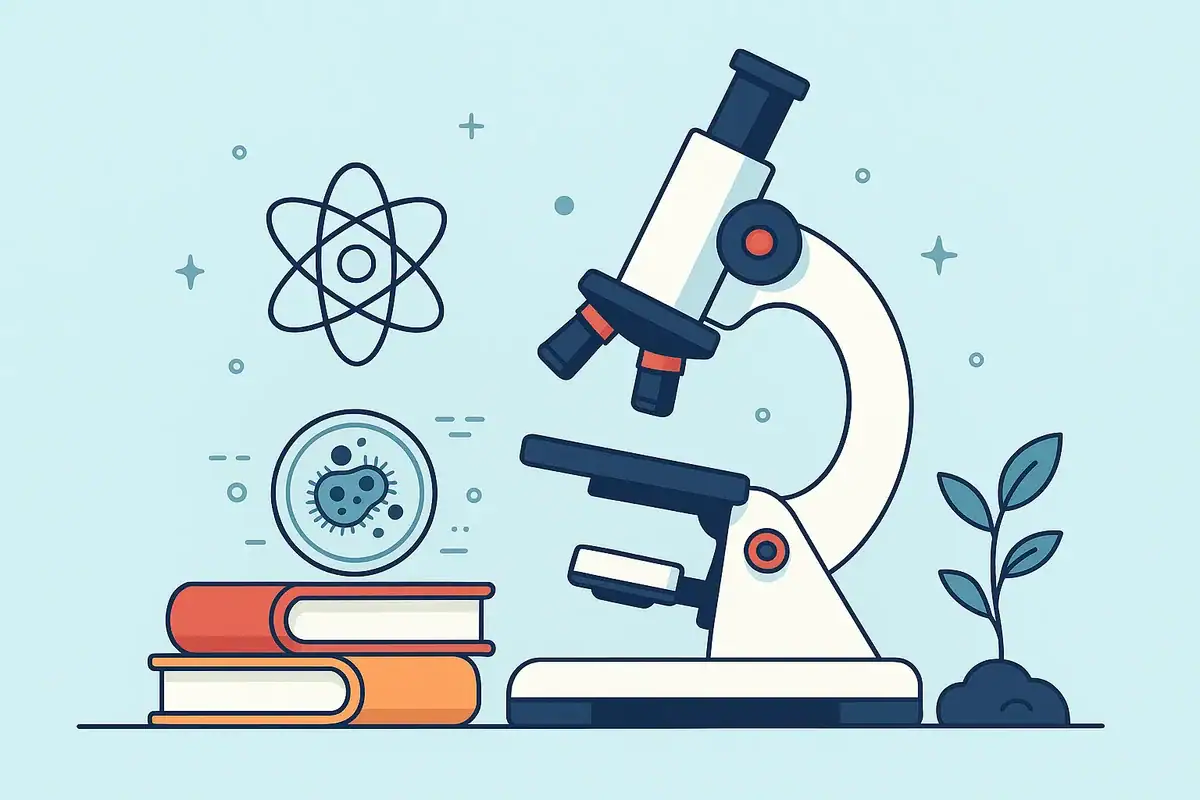 Il microscopio scientifico con libri e simboli atomici, ideale come decorazione per appassionati di scienza e biologia. Perfetto per ambienti educativi o studi scientifici.