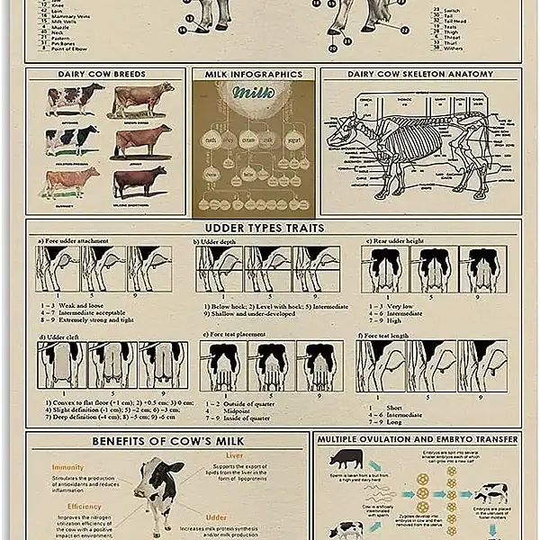 Diagramma illustrativo delle parti di una mucca da latte, con dettagli sulle razze, anatomia, tratti genetici e benefici del latte vaccino.