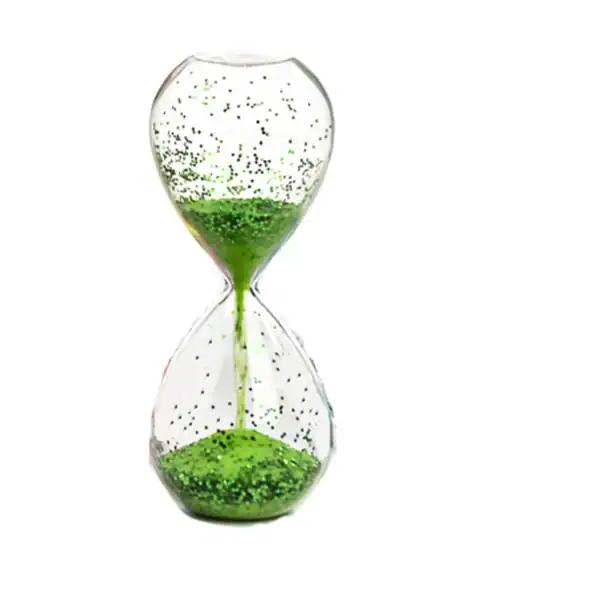 Clessidra decorativa con sabbia verde e glitter, oggetto scientifico e decorativo per ambienti studi e uffici.