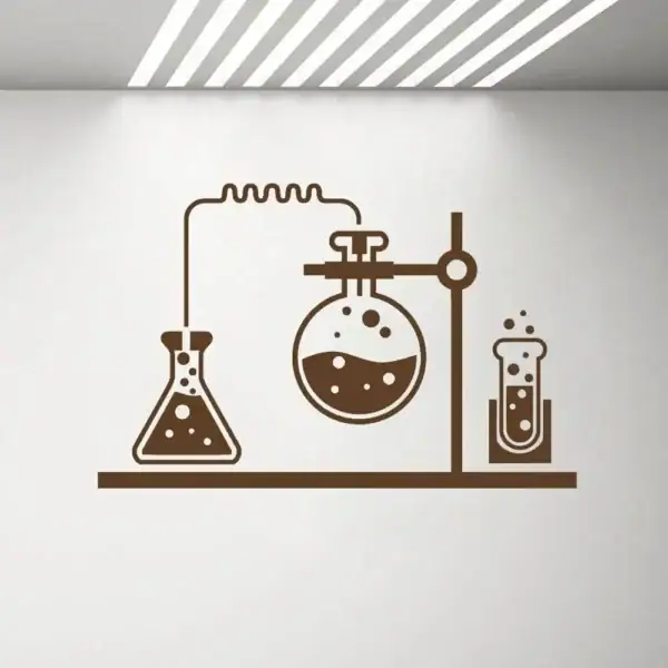 Decorazione murale di un esperimento scientifico con beute e tubo di collegamento, stile minimalista in tonalità marrone su sfondo bianco.