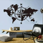 Mappa del mondo con bussola decorativa in stile scientifico, ideale per decorazioni di ambienti studi e uffici, con dettagli realistici e design moderno.