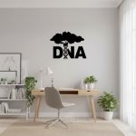 Decorazione murale con albero stilizzato e parola "DNA" in un ambiente moderno e luminoso, ideale per appassionati di scienza e biologia.