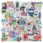 Collezione di adesivi scientifici colorati e creativi, perfetti per decorare quaderni, laptop e spazi dedicati alla scienza e alla ricerca.