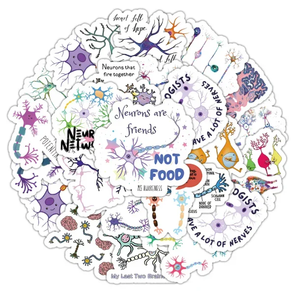 Decorazione con disegni di neuroni e messaggi sulla neuroscienza e l'importanza delle cellule nervose.