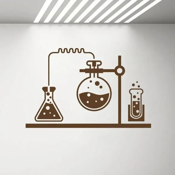 Simulazione di un esperimento scientifico con beute e tubo collegato, rappresentando un setup di laboratorio chimico.