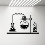 Illustrazione minimalista di un esperimento scientifico con beute e apparecchiature di laboratorio in stile line art nero su sfondo bianco.