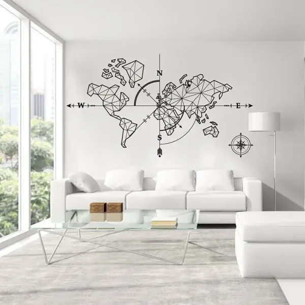 Mappa del mondo stilizzata con bussole e linee geometriche, decorazione moderna per ambienti scientifici e di studio.