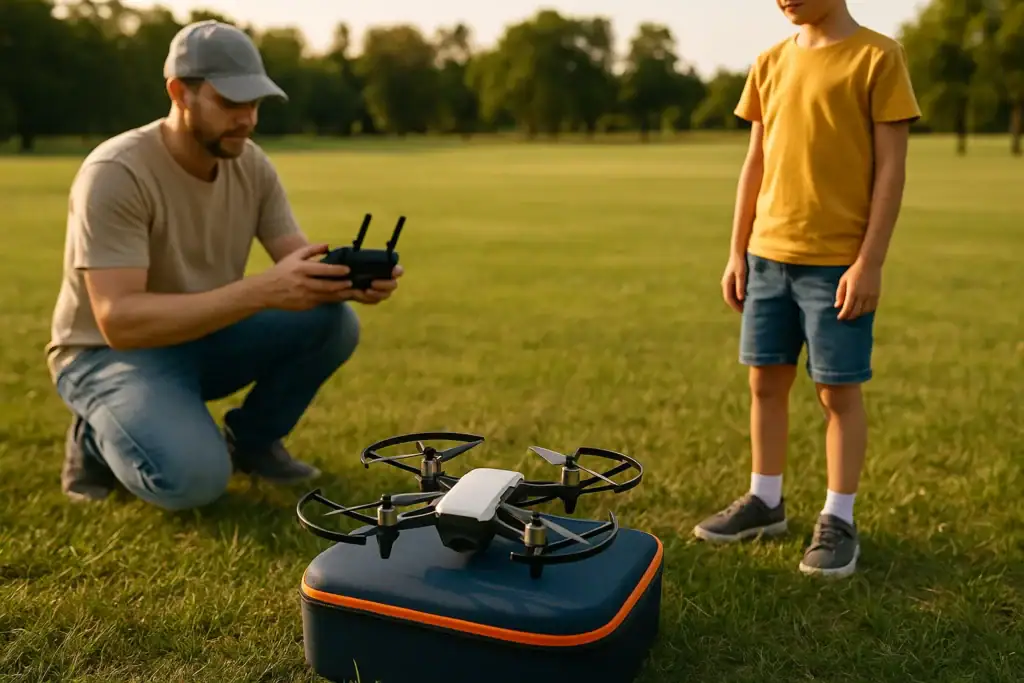 Pilota drone con controller e bambino in un parco verde, attività di volo ricreativo all'aperto.