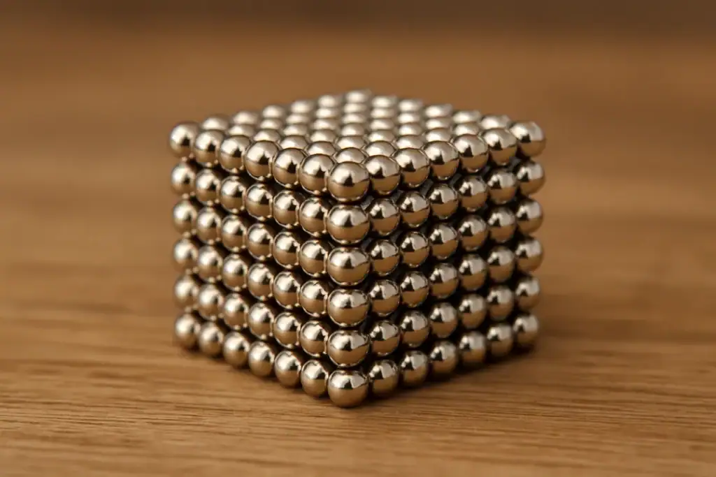 Cubo di sfere di magneti metallici argentati impilati, oggetto decorativo scientifico su superficie di legno.